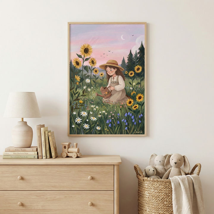 A framed vertical illustration hangs on a light wall above a wooden dresser. The artwork depicts a girl in a straw hat and rustic dress kneeling in a meadow of sunflowers, daisies, and bluebells. She holds a small watering can. The background features a soft pink sunset sky with a crescent moon. On the dresser sits a neutral-toned lamp, a stack of books, and a wooden toy train. Next to the dresser, a wicker basket is filled with plush rabbit toys and a soft blanket.