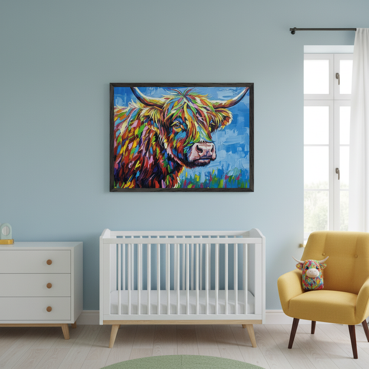 Modern nursery with a vibrant, colorful Highland cow painting centered above a white crib. A white dresser is on the left, and a yellow armchair holding a matching cow toy is on the right, next to a window. The room has light blue walls and a light wooden floor.
