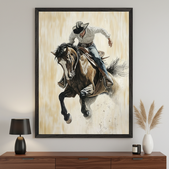 Modern room with a dark wooden dresser. A large black-framed painting of a cowboy riding a bucking horse, in a dynamic painting style, hangs centered above the dresser.