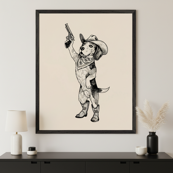 Modern room with a black credenza. A large framed black and white drawing of a beagle dog dressed as a cowboy, wearing a hat and boots, holding a revolver upwards, hangs above the credenza.