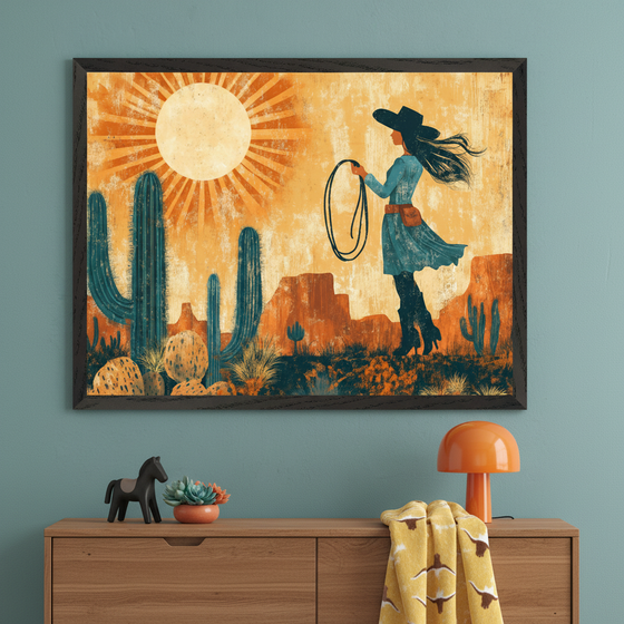 Modern room with a wooden dresser. A large framed desert art print hangs centered above, depicting a woman in a cowboy hat with a lasso, saguaro cacti, and a bright sun in an illustrative style. On the dresser are a horse figurine, succulent, and orange lamp.