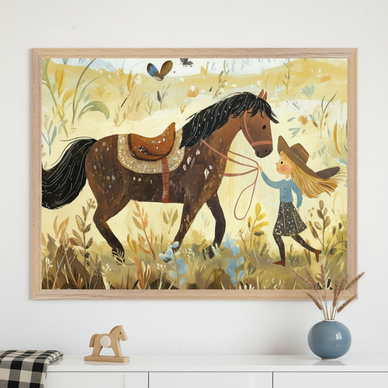 Modern room with a white dresser. A large framed whimsical painting hangs above the dresser, depicting a girl in a cowboy hat leading a saddled brown horse through a field. A wooden rocking horse and a blue vase with dried grass are on the dresser.