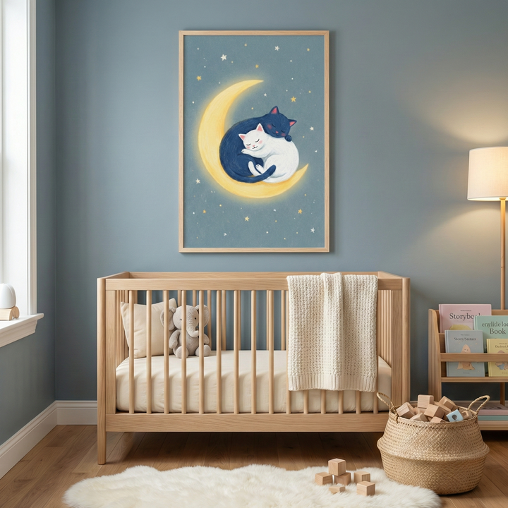 A tranquil nursery features a light-toned wooden crib centered against a soft blue-gray wall. Hanging above the crib is a large framed illustration of two curled-up cats, one dark and one white, sleeping soundly on a glowing yellow crescent moon amidst a starry night sky. Inside the crib, a small stuffed animal and a textured cream-colored knit blanket add a sense of comfort. To the right, a floor lamp provides a warm light near a small wooden bookshelf.