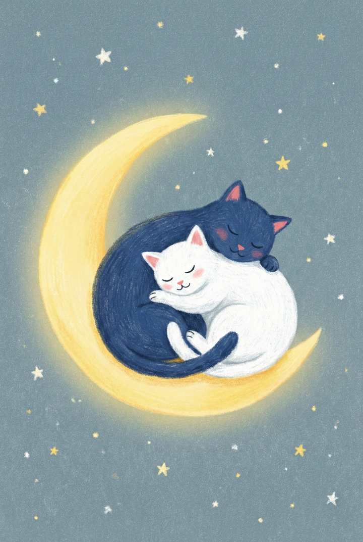 Whimsical illustration of a dark blue cat and a white cat curled together on a glowing crescent moon. Small yellow stars scatter across a soft blue night sky as both cats sleep peacefully.