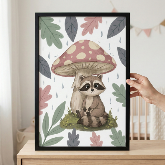 Illustrated raccoon sitting under a large red spotted mushroom with raindrops falling around it and soft pastel leaves in the background. Framed woodland animal art print displayed on a dresser in a nursery creating a cozy whimsical forest theme.