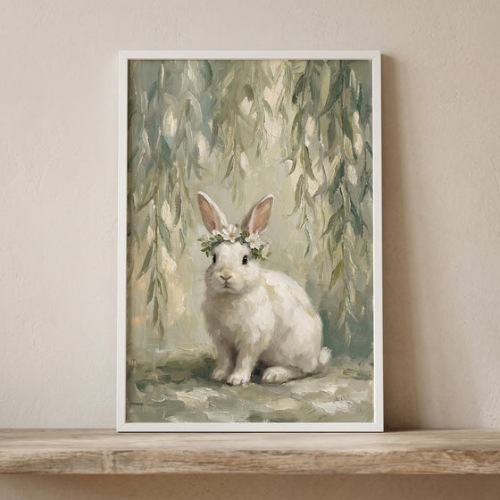 Daisy wreath white bunny wall art features a rabbit wearing a floral crown beneath weeping willow branches.
