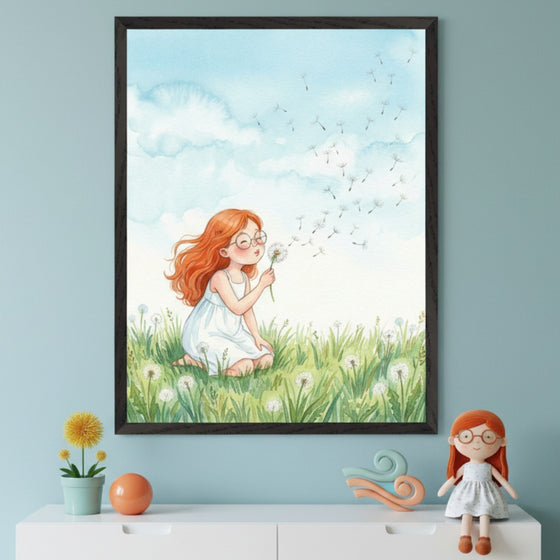 Kid's bedroom with a white dresser against a light blue wall. A large framed watercolor painting hangs above the dresser, depicting a red-haired girl in a white dress blowing dandelion seeds in a field. A potted dandelion, an orange sphere, a teal sculpture, and a red-haired doll sit on the dresser.