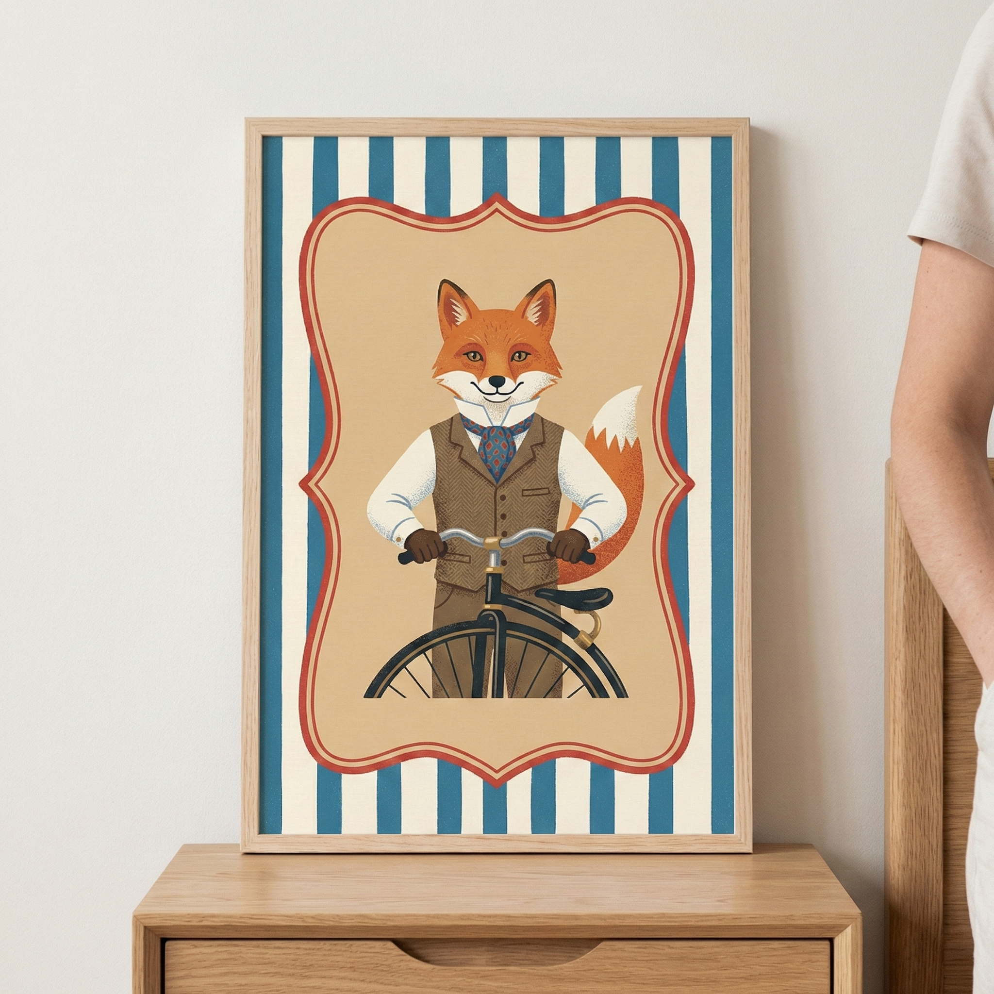 Fox Hill Farms アートプリント 額装品 Vintage Dapper Fox on Bicycle Illustration Wall Art