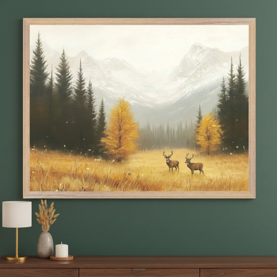 Modern living room with a dark wooden console table. A large framed painting of an autumn mountain landscape with evergreen and golden trees, a field of tall grass, and two deer hangs centered above the table.