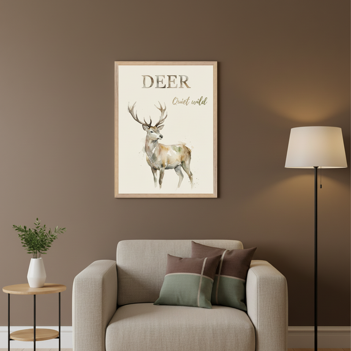 Living room with a beige armchair and a side table. Centered above the armchair hangs a framed watercolor painting of a deer with antlers and text "DEER Quiet wild". A floor lamp is to the right.