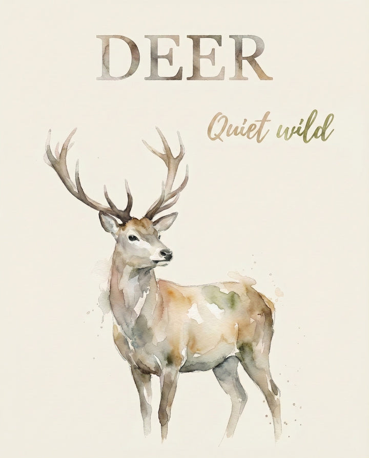Watercolor illustration of a calm deer with antlers on a clean background with the words “DEER” and “Quiet wild” in elegant type, styled like a vintage nature poster for rustic decor.