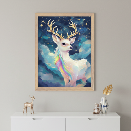 Modern room with a white dresser. A large light wood framed painting of a white deer with golden antlers and a rainbow mane, set in a starry blue sky with clouds, hangs centered above the dresser. A golden deer figurine and teddy bear are on the dresser.