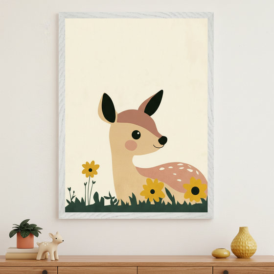Framed wall art featuring a minimalist, cartoon-style illustration of a baby deer resting in grass among yellow flowers. The fawn has soft brown coloring, large black eyes, and a gentle smile, with white spots on its back.