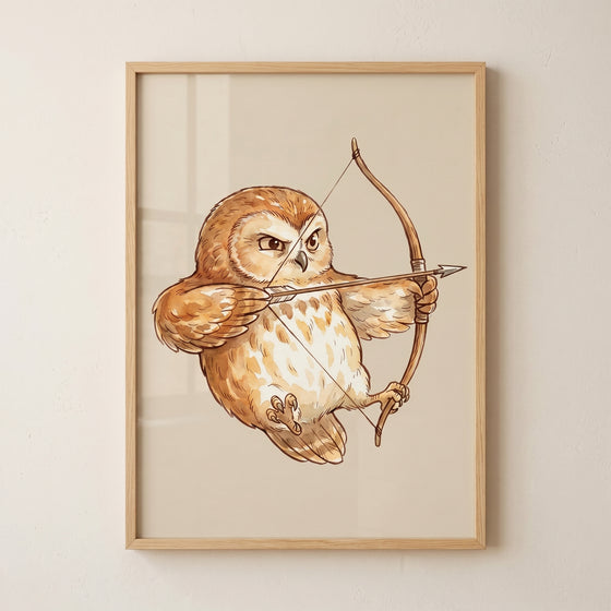 Determined brown archer owl wall art features a fierce small bird aiming a wooden bow and arrow in a light frame.