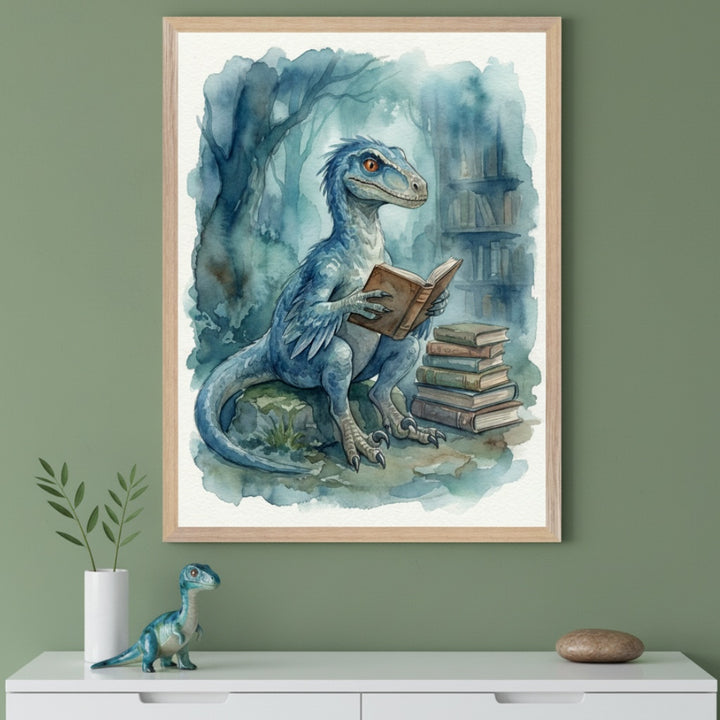 Kid's room with a green wall and white dresser. A large framed watercolor of a blue raptor reading a book, with a stack of books and a bookshelf in the background, hangs above the dresser. A small blue raptor figurine and a plant are on the dresser.