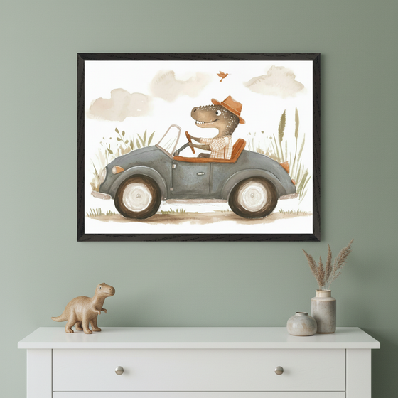 Kid's room featuring a white dresser against a green wall. A framed watercolor illustration of a dinosaur in a hat driving a vintage car with a bird flying above hangs centered over the dresser. A dinosaur toy and decorative vases are on the dresser.
