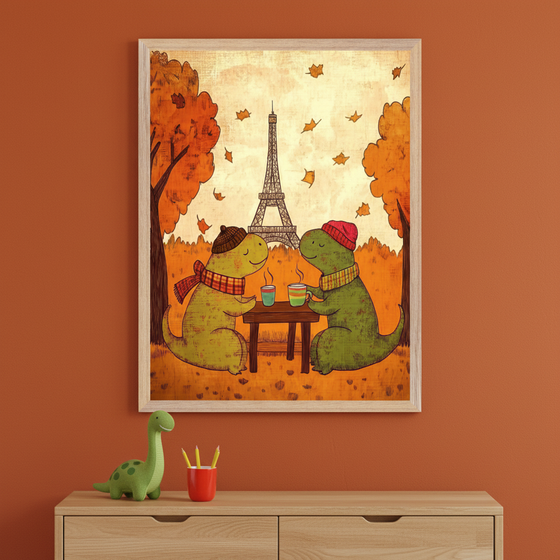 Kid's room with an orange wall and a light wood dresser. A framed illustration of two cartoon dinosaurs in hats and scarves drinking coffee in autumn Paris hangs above the dresser. A toy dinosaur and pencil holder sit on the dresser.