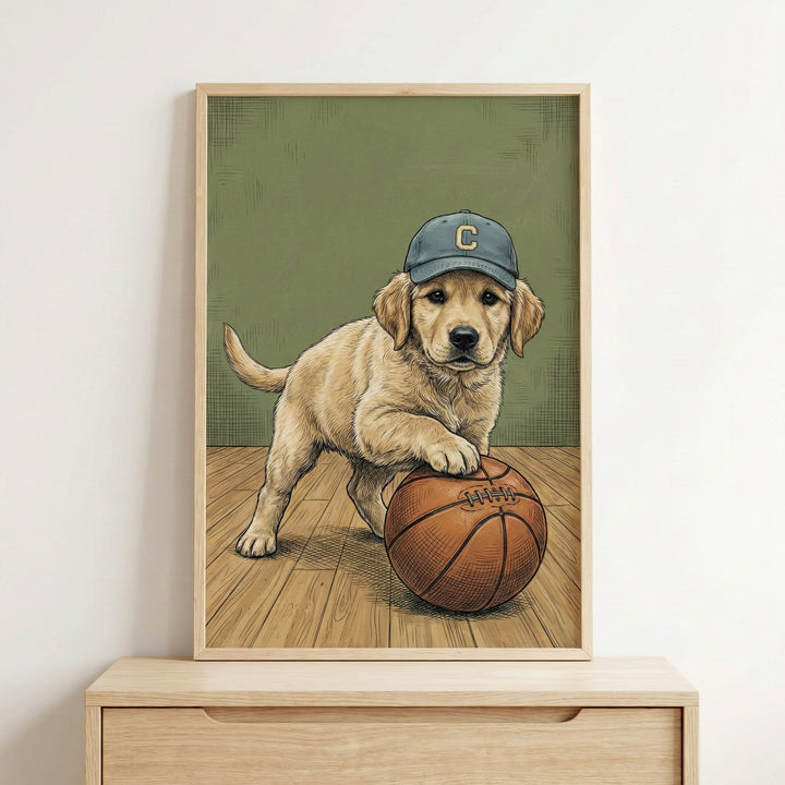 Illustration of a golden retriever puppy wearing a blue cap with a yellow "C" on it, standing on a wooden gym floor with one paw resting on a basketball. The puppy gazes forward with a confident, playful expression.