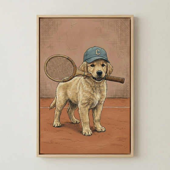 Whimsical illustration of a golden retriever puppy on a clay tennis court, wearing a blue cap with a “C” and holding a tennis racket in its mouth. The pup’s stance and gaze create a lighthearted, athletic theme.