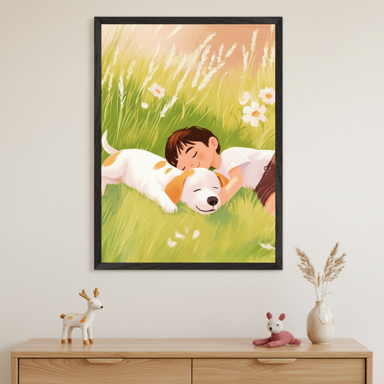 A young boy peacefully naps beside a small white dog with brown spots, both lying on lush green grass. The sunlit meadow is dotted with white daisies and tall, gentle grasses swaying in the breeze.