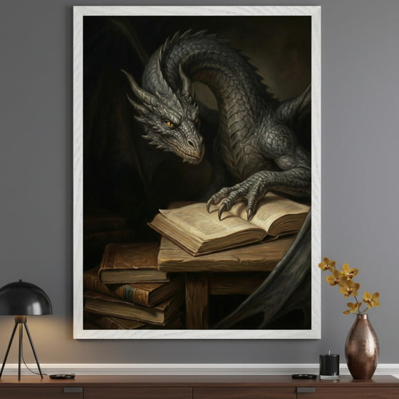 Modern room with a dark wood credenza against a gray wall. A large framed fantasy painting of a gray dragon with yellow eyes looking at an open book hangs centered above the credenza. Books are stacked on a wooden table next to the dragon's claw.