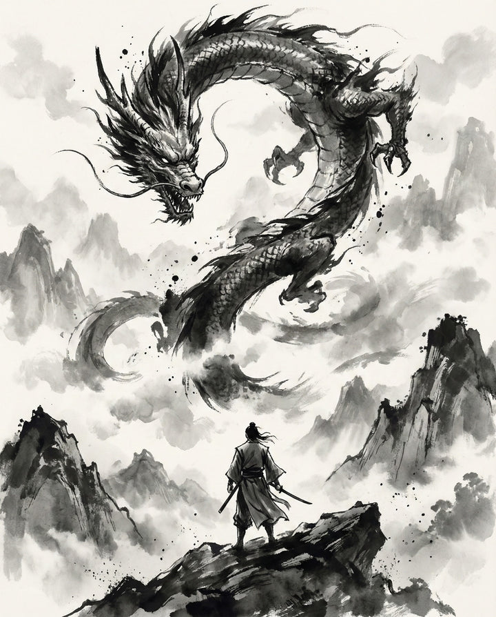 Black and white ink-style artwork shows a lone samurai facing a fierce serpentine dragon swirling above misty mountains, evoking ancient Eastern mythology.