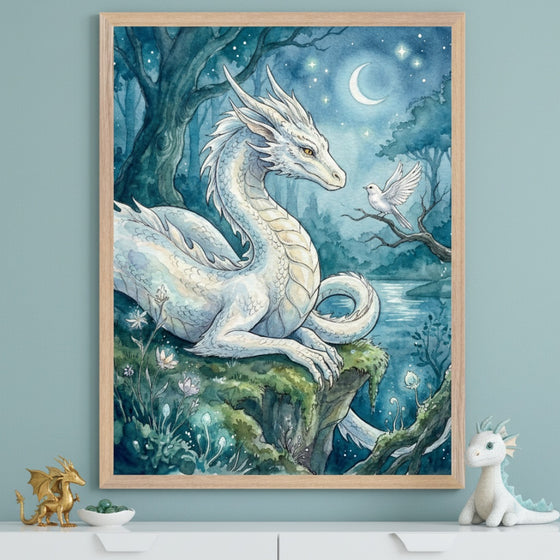 Kid's room with a light blue-green wall and white dresser. A framed watercolor painting of a white dragon resting on a mossy cliff, looking at a white bird, in a moonlit forest hangs above the dresser. Golden and plush dragon toys are on the dresser.