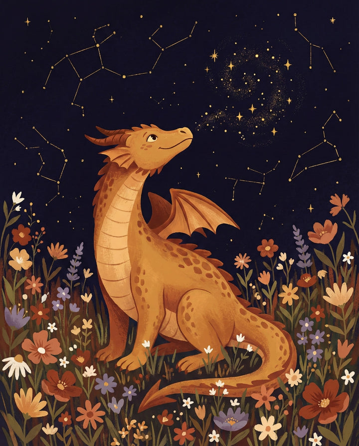 A friendly orange dragon sits among colorful wildflowers under a starry night sky, blowing sparkles that form a galaxy while surrounded by golden constellations.