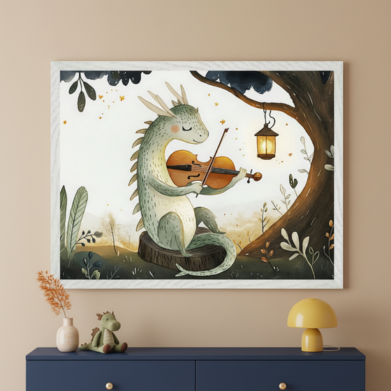 Modern kid's room with a dark blue dresser. A large framed print of a whimsical watercolor green dragon playing a violin under a lantern-lit tree hangs above the dresser. A small dragon plush, vase, and yellow lamp are on the dresser.