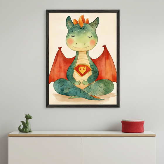 Modern room with a white dresser and wood top. Large framed watercolor print of a meditating green dragon wearing a red cape and "S" shield hangs above the dresser. A small green dragon figurine sits on the dresser.