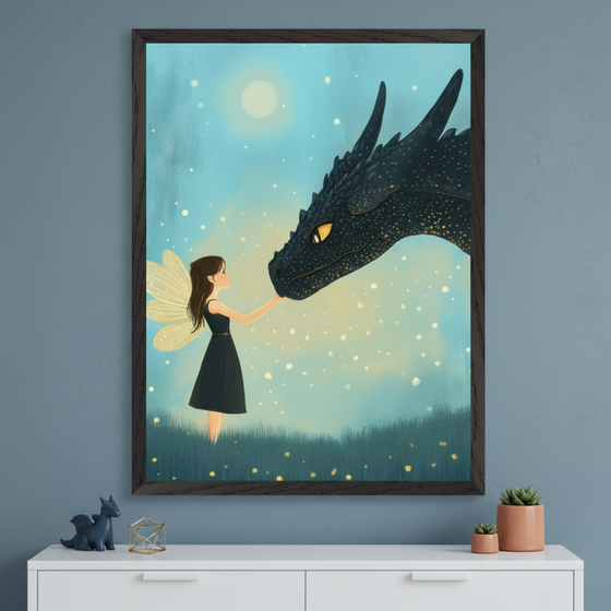 Skybound Spirits Fairy and Dragon Wall Art - Whimsical Moonlit Fantasy Decor - Fairy Meet - For Nursery, Playroom or Kids Bedrooms