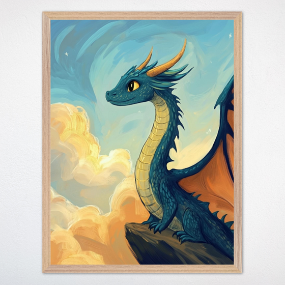 Fantasy illustration of a blue dragon with golden eyes and orange wings perched on a cliff edge, gazing into a sky filled with swirling blue tones and glowing clouds. The dragon's stance is proud and majestic, suggesting a guardian or lookout role in a magical world.