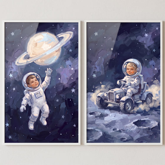 Dreamy cosmic little astronaut wall art set of 2 features a child reaching for a planet and driving a moon rover.