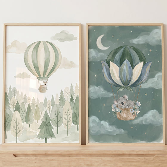 Dreamy sage balloon animal wall art set of 2 featuring a deer over a forest and a koala in a starry night sky.