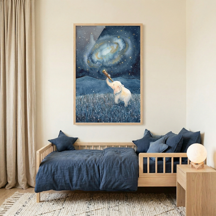 A cozy and minimalist child's bedroom features a light wood toddler bed dressed in navy blue bedding. Several blue pillows, including two star-shaped ones, are arranged at the head of the bed. On the cream-colored wall above the bed, a large framed watercolor illustration is displayed. The artwork depicts a small white elephant in a field of blue flowers, looking through a brass telescope at a glowing galaxy in a star-filled night sky. To the right of the bed, a simple wooden side table holds a round lamp t