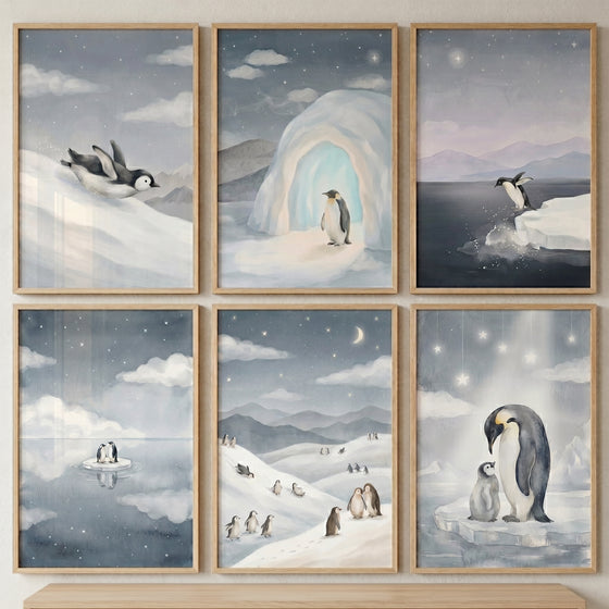 Dreamy starry sky penguin wall art set of 6 featuring watercolor scenes of penguins in snowy arctic landscapes.