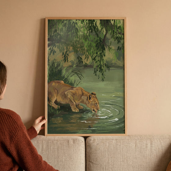 Drinking Water Lion Cub Wall Art - Golden Lion Sip