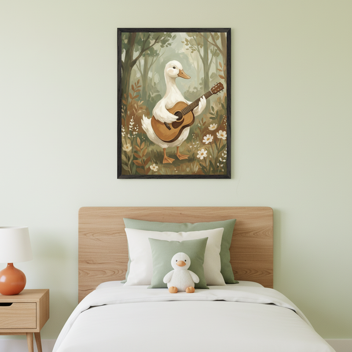 Modern kid's bedroom with a wooden headboard bed. Centered above the bed is a framed painting of a white duck playing a guitar in a forest. A duck plushie sits on the bed, and a wooden nightstand with an orange lamp is to the left.