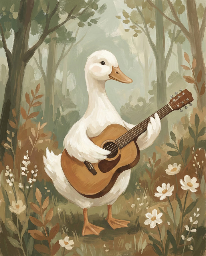Whimsical painting of a white duck standing upright in a forest clearing, strumming an acoustic guitar surrounded by soft green trees and blooming white flowers.