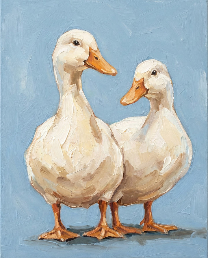 A textured oil painting of two plump white ducks standing side by side with orange beaks and feet on a solid blue backdrop. The close composition emphasizes their curious expressions and companionship.