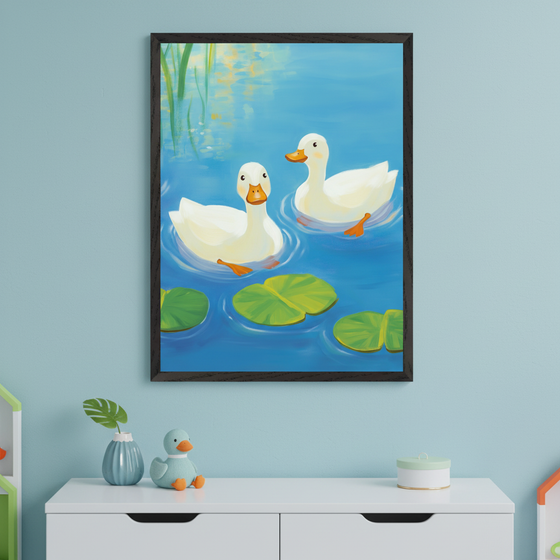 Kid's room with a white dresser against a blue wall. A framed painting of two white ducks swimming on blue water with lily pads and reeds hangs above the dresser. The painting is in an illustrative style.