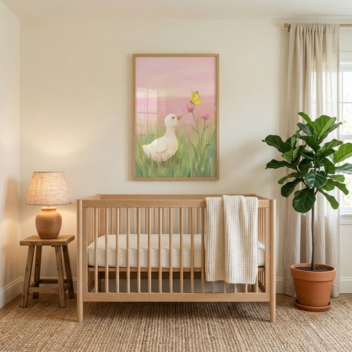 A cozy, minimalist nursery features a light-colored wooden crib with a cream textured blanket. Above it, a framed artwork depicts a sweet white duckling in a grassy field looking up at a yellow butterfly against a soft pink sunset sky. To the left, a small wooden stool holds a terracotta lamp with a textured shade. To the right, a large green plant in a terracotta pot sits by a window with light curtains. A natural woven rug covers the floor under the warm, neutral-toned walls.