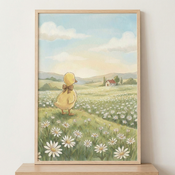 A vertical framed illustration depicts a charming scene of a small yellow duckling looking out over a peaceful landscape. The duckling, seen from behind and positioned on a gentle grassy slope, wears a simple brown ribbon tied in a bow around its neck. The foreground is lush with many white daisies featuring bright yellow centers. In the middle distance, a quaint little house sits nestled among rolling green hills and scattered trees.
