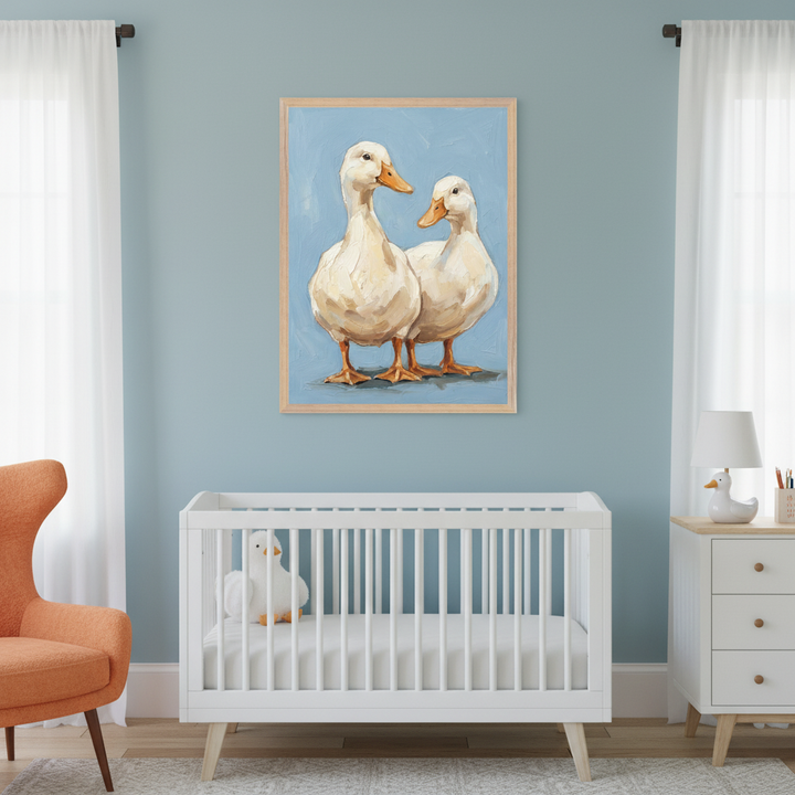 Modern nursery with a white crib, an orange armchair, and a white dresser. A framed painting of two white ducks on a light blue background hangs above the crib.
