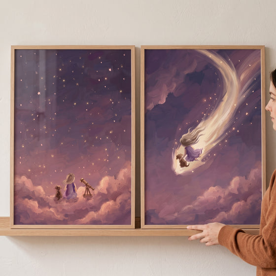 Dusty lavender girl dog wall art set of 2 shows a girl and dog with a telescope and riding a star through purple clouds.