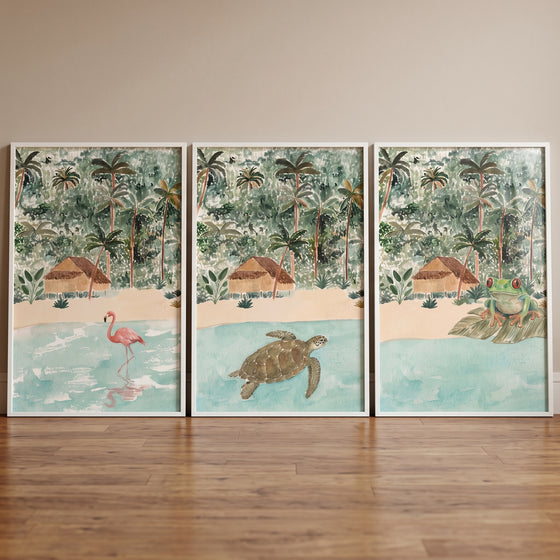 Earthy botanical jungle animals wall art set of 3 shows a pink flamingo, sea turtle, and green frog in tropical beach scenes.