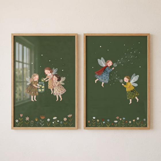 Earthy folk style fairies wall art set of 2 features small winged figures with glowing jars and dandelions on green.