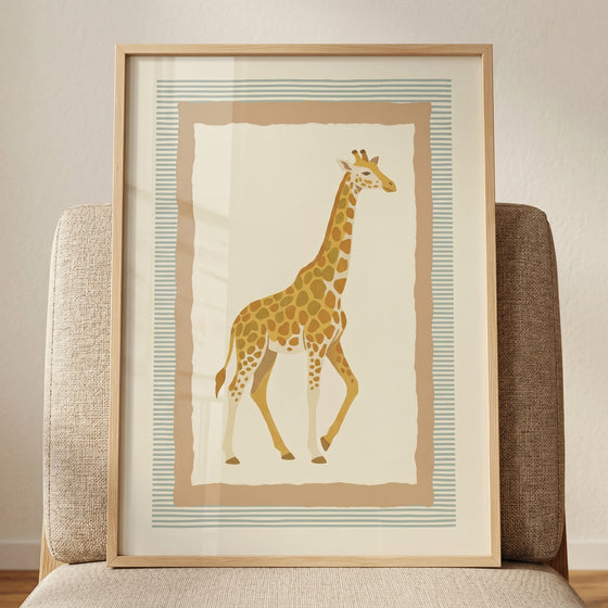 Earthy tones walking giraffe wall art in a wood frame with a striped border, resting on a textured fabric chair.