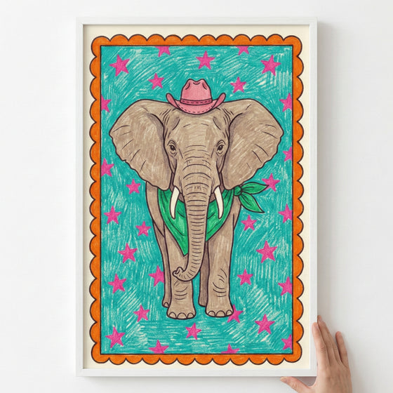 A whimsical, child-like illustration of a large elephant wearing a small pink cowboy hat and a green bandana, centered within an orange scalloped border on a teal background filled with pink stars.
