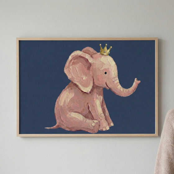 A charming painting of a pink baby elephant wearing a tiny golden crown, set against a navy blue background. The whimsical brushstrokes and warm tones make it a delightful piece for a child's room or playful space.